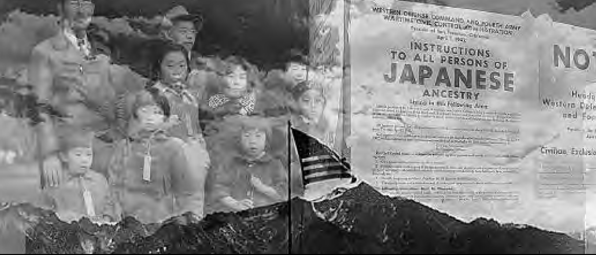 A historic photograph capturing the harsh conditions during a dust storm at a War Relocation Authority Center in 1942. Evacuees of Japanese ancestry, displaced during World War II, endure the turbulent weather. In the upper left, the Mochida family patiently awaits evacuation on a bus in May 1942, photographed by Dorothea Lange. The upper right depicts an Exclusion Order posted in San Francisco on April 11, 1942, directing the removal of persons of Japanese ancestry from the affected area. This image reflects a significant chapter in American history. Photo credit: Department of the Interior, War Relocation Authority, National Archives, and Records of the War Relocation Authority.