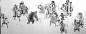 the illustration shows several robed figures shooting arrows at a bear