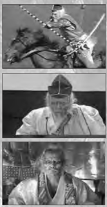 Screenshots of the movie "Ran" which shows a traditional Japanese horseman on a horse shooting a bow and arrow.