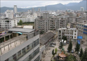 aerial view of a city with buildings close together