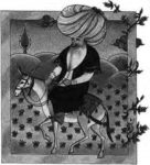 an illustration of a man riding a horse. he wears a turban