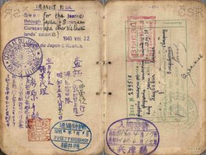 A Curaçao visa with Sugihara’s “transit visa” stamps.