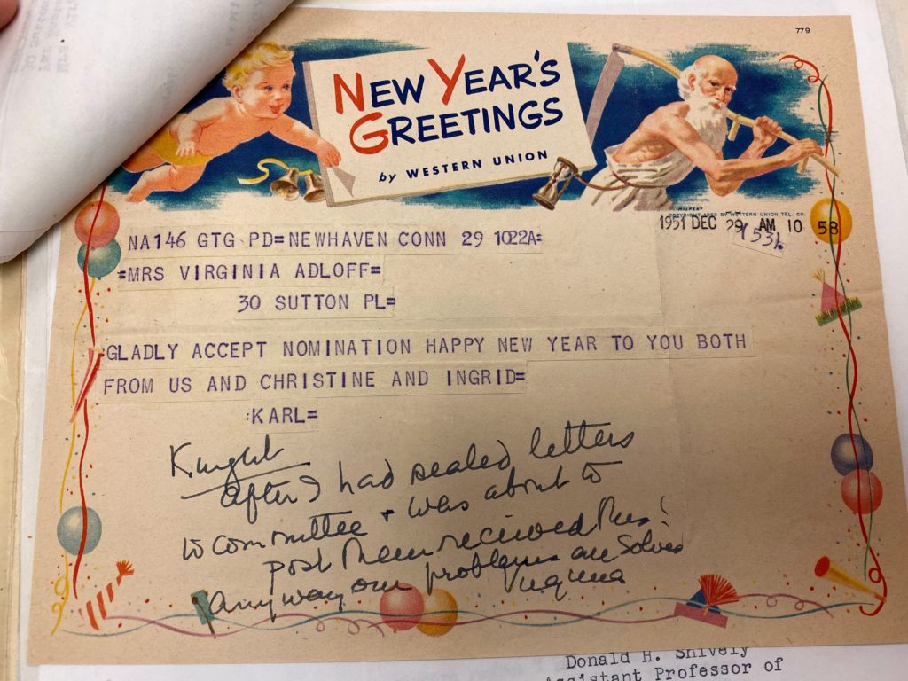 A telegram, sent December 29, 1951, accepting nomination to the FEA ballot and wishing the recipient a happy new year, printed on Western Union's New Year's stationary.