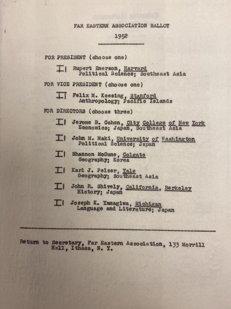 A typewritten draft of the 1952 election ballot for the Far Eastern Association.