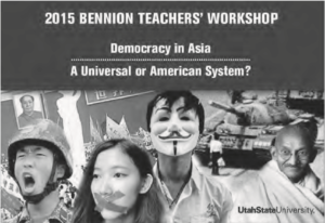 Cover of 2015 Utah State University Bennion workshop brochure. The cover image is of a group of famous protesters including anonymous and Ghandi.
