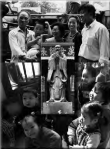 Photo collage. Top photo: Parents, and grandparents with a boy grandchild. Middle photo: Statue of Confucius at Shanghai's 700 year-old Wenmiao temple. Bottom photo: Children in a Chinese Orphanage.