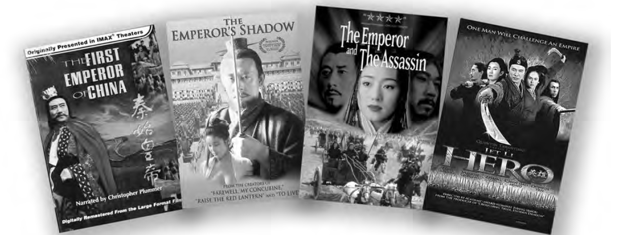 various movie covers, front left to right: the first emperor of china, the emperor's shadow, the emperor and the assassin, and the hero