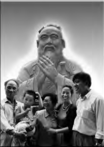 photo collage of a happy family in front of a statue of a praying bearded man