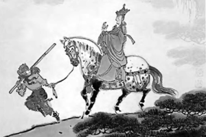 illustration of a man in robes on a horse being led by a monkey man