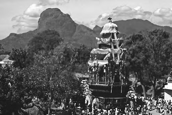 a photo of a temple being brought with a crowd