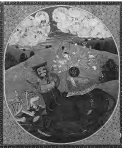 illustration of a man battling a buffalo demon