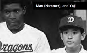 two men in dodgers baseball uniforms. one of the men is black and the other is asian.