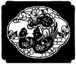 design of a pair of ducks swimming among lotus flowers