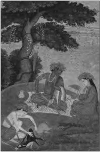 illustration of three figures sitting on the ground beneath the trees