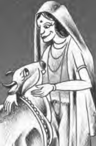 illustration of a woman in a head covering affectionately petting a goat