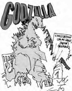 manga illustration of godzilla (a large dinosaur/reptile/lizard) shooting atomic lazers out of its mouth at an area that reads "civilization (or at least, Japan) crumbles"