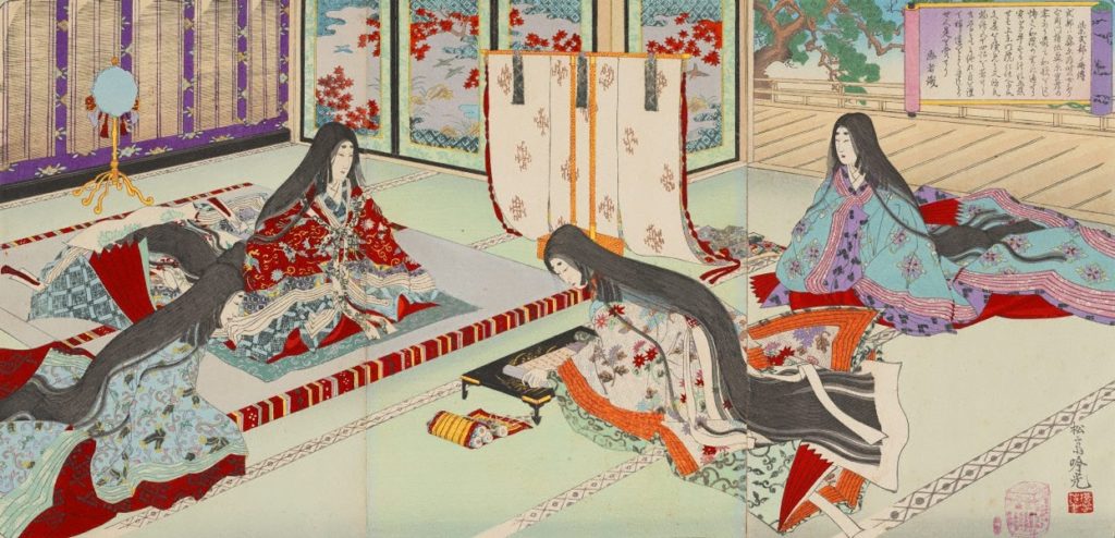 Artistic painting of four Japanese women in traditional costume sitting in a Japanese room