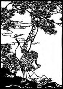 illustration of two cranes and a pine tree