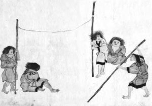 the illustration shows several people holding up two poles with a string between the two. another figure holds a pole and is running at the middle of the two poles and string.