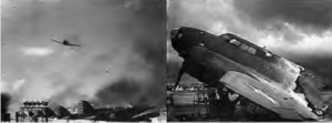 two photos. on the left is a plane flying above other planes, and the right photo is the front half of a wrecked plane