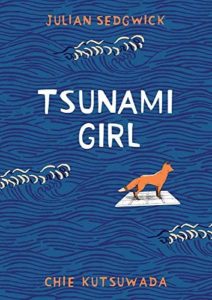 book cover for tsunami girl, showing waves and a fox floating among them on wood.