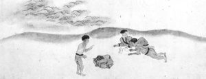 illustration of three girls sitting in the sand and drawing designs