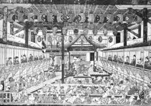 an illustration showing a performance on stage while people look on from the audience on either side of above the stage