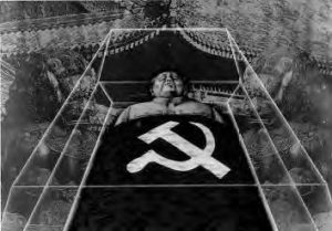 photo collage of the body and coffin of mao, placed on images of the imperial palace