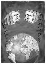 an illustration of the earth with two computers coming out of the earth via cord. the computer screens have faces on them