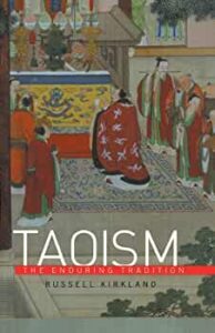 book cover for Taoism the enduring tradition. The book illustration is a painting of men at a shrine. 