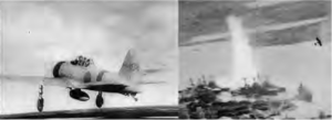 two photos. on the left is a photo of a japanese airplane, and the second photo on the right is a photo of a plane flying away from a blast near battleships