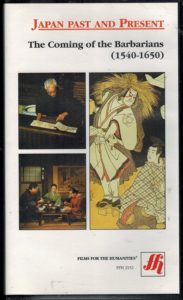 Cover of "Japan Past and Present: The Coming of the Barbarians (1540-1650)." Above is the title; Three pictures in the middle. In clockwise: An Ukiyo-e picture of two men, one wearing Kimono and straw panache and another sitting on the ground; three Japanese having dinner in a traditionally decorated room; an old man looking at a traditional manuscript. 