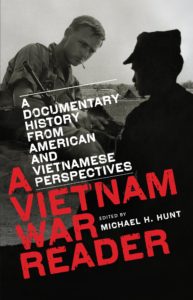 The book cover of 'A Vietnam War Reader: A Documentary History from American and Vietnamese Perspectives.' The cover photograph features an American soldier with a cigarette in his mouth engaged in conversation with a Vietnamese soldier holding a rifle. 