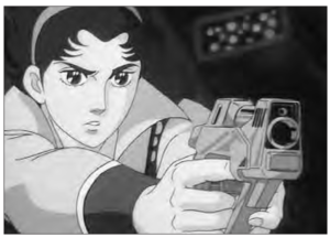 anime screen cap of a man holding a gun