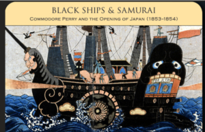 illustration of a black ship in dark blue water, with several men depicted on it.