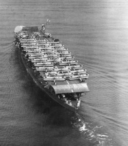 Photograph of the large Akagi battle ship in water. 