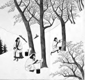 the illustration shows three people sitting in front of trees with buckets in the snow, tapping for maple syrup