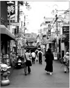 Shopping street with many store name signs.