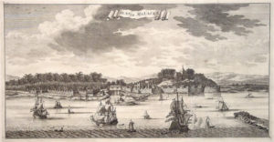 Illustration of an island, with boats and a port visible from the ocean