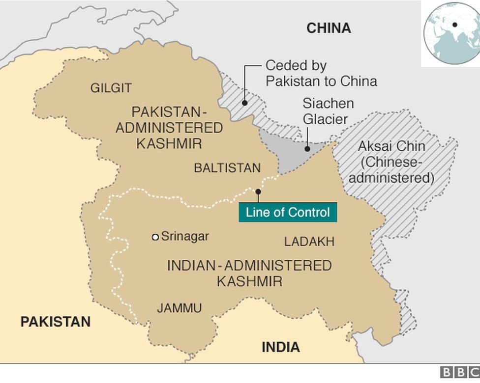 Map of India- and Pakistan-controlled territories in Kashmir.