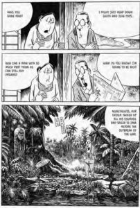 an image from a graphic novel page, with three panels. the first two have a man and woman speaking to each other, "have you Gone mad?" "I might just head down south and join pops." in panel one. In panel two, the woman says "how can a man with so much debt think he can still buy dreams?" while the man responds "what do you know? I'm going to be rich!". Panel three pictures the man among a jungle with ruins, saying "nonetheless, our father packed up all his courage and sailed to java before the outbreak of the war."