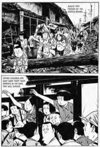 this exerpt is a page from a graphic novel, with two panels. the first panel depictes many people walking down a destroyed street, lined with rubble of what were once homes. They carry small bundles on their backs and on their shoulders. "August 1944. (Showa 19) the exodus begins". and panel two, with many children reaching their faces and arms out of train windows at the people below them. It states: crying children are sent away from their parents in the hope they will survive.