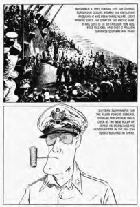 this is a graphic novel page, with two panels. the first depicts a meeting of many military people, with the caption "November 1, 2945 (Showa 20): the formal surrender occurs aboard the battleship Missouri. It has been three years, eight months since the start of the pacific war. it has cost 10 to 20 trillion yen (US $225 billion) and over 2 million Japanese soldiers are dead." Panel two shows an american general smoking a pipe: "supreme commander for the allied powers general douglas macarthur takes over as the new ruler of japan. he establishes his headquarters in the dai-ichi seimei building in tokyo."
