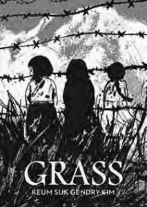 book cover for "grass" which shows three young girls sitting in grass behind barbed wire