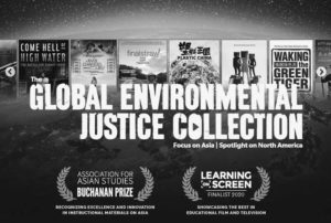 Front of a promotional postcard for the Global Environmental Justice Collection featuring several book covers
