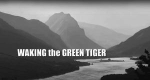 photo of a river surrounded by mountains with text that reads "waking the green tiger"