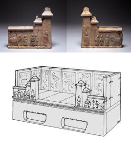 Relief carvings and drawing of a funerary couch.