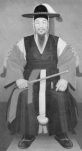 a painting of a man in robes, holding a stick and wearing a cap.