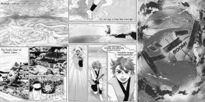 images of manga pages, which shows various images of the tsunami, the main characters, and sea life.