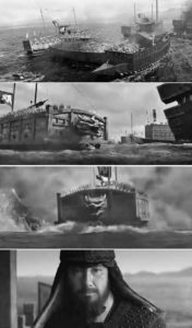 photo stills of various scenes showing war battleships